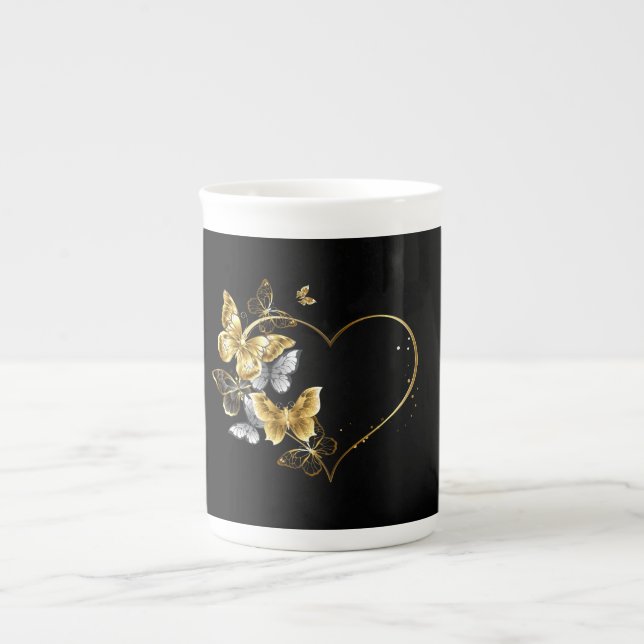 Hjärta med Golden Butterflies Benporslin Mugg (Framsidan)