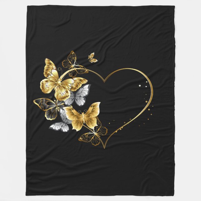 Hjärta med Golden Butterflies Fleecefilt (Framsidan)