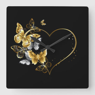 Hjärta med Golden Butterflies Fyrkantig Klocka