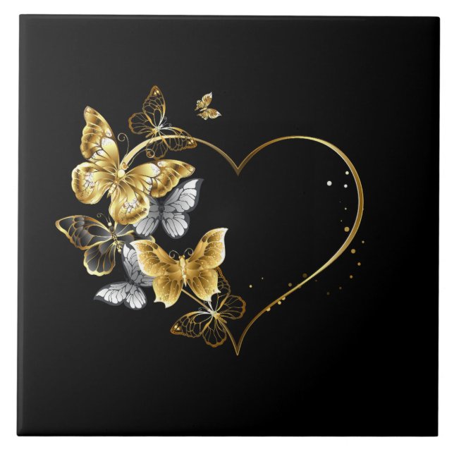 Hjärta med Golden Butterflies Kakelplatta (Framsidan)