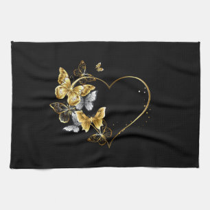 Hjärta med Golden Butterflies Kökshandduk
