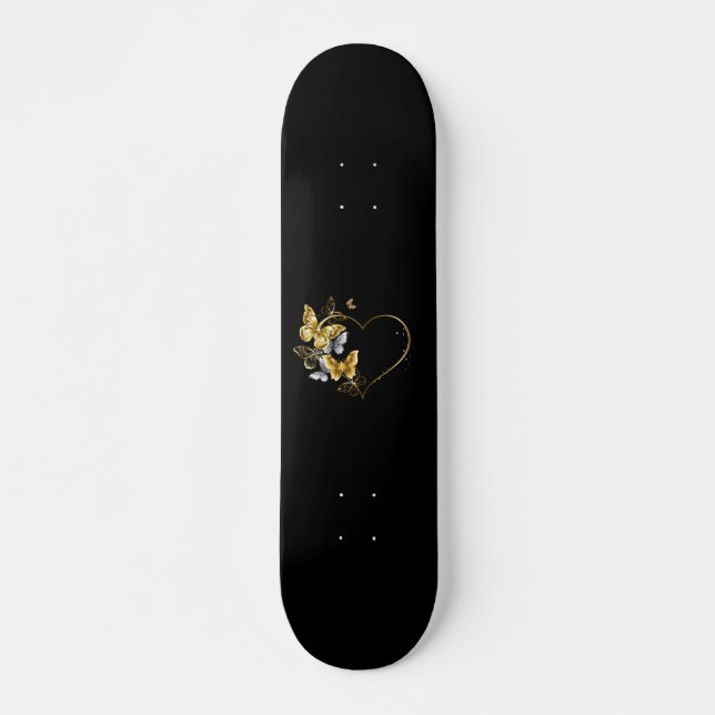 Hjärta med Golden Butterflies Mini Skateboard Bräda 18,5 Cm (Framsida)