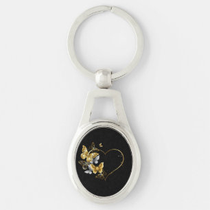 Hjärta med Golden Butterflies Ovalt Silverfärgad Nyckelring