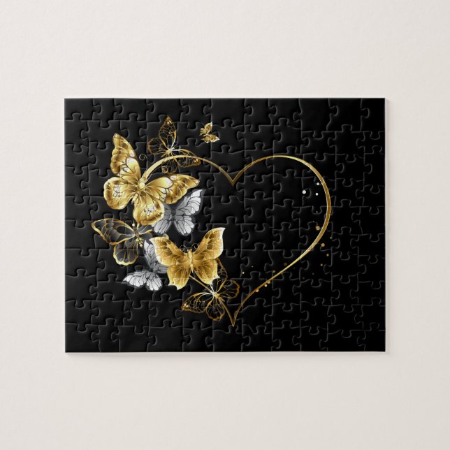 Hjärta med Golden Butterflies Pussel (Horisontell)