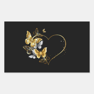 Hjärta med Golden Butterflies Rektangulärt Klistermärke