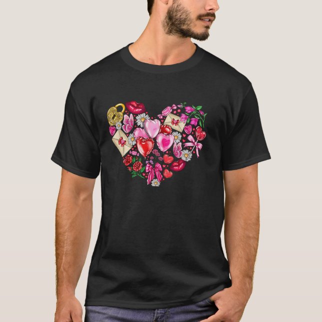 Hjärta med Heart Brev Nyckel Candy Ro Mönster Val T Shirt (Framsida)