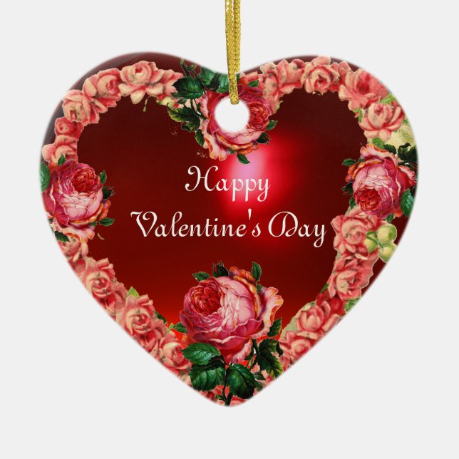 HJÄRTA MED ROSA ROS VALENTINS DAGSMONOGRAM JULGRANSPRYDNAD KERAMIK (Framsidan)