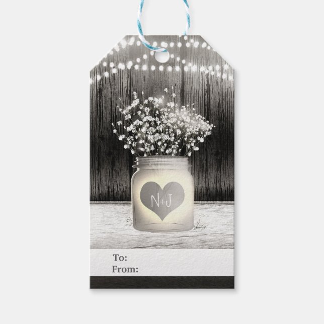 Hjärta Murar Kruka & Baby's Breath Rustik Bröllop Presentetikett (Framsidan)