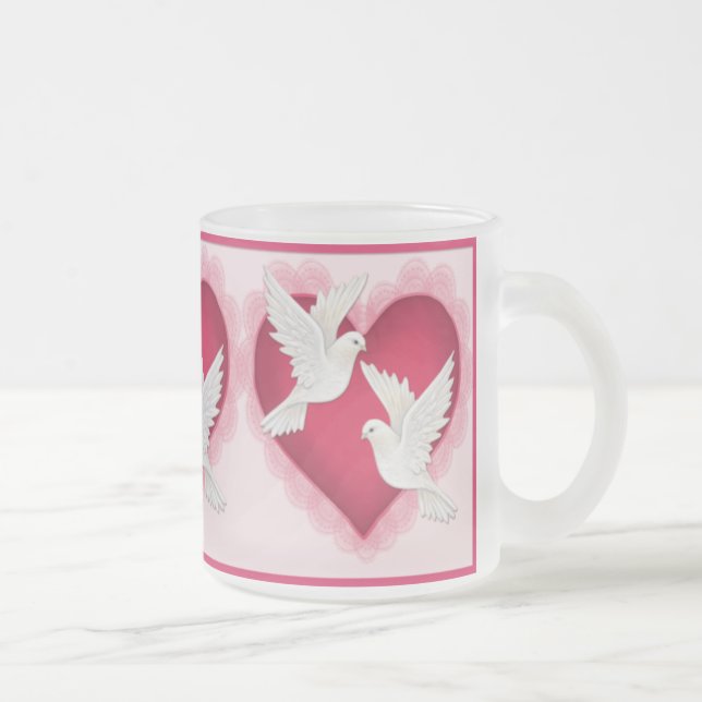 Hjärta och duvor - Rosa Frostad Glasmugg (Höger)
