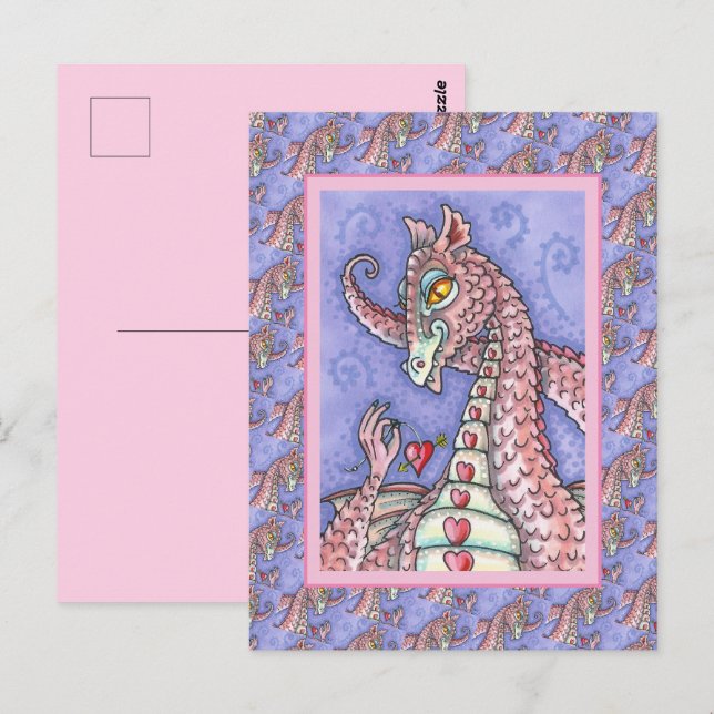 HJÄRTA PÅ EN STRÄCK ROSA DRAGON VALENTINE, FANTASY VYKORT (Fram/baksida)
