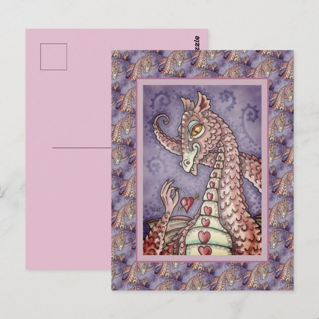 HJÄRTA PÅ EN STRÄCK ROSA DRAGON VALENTINE, FANTASY VYKORT (Fram/baksida)