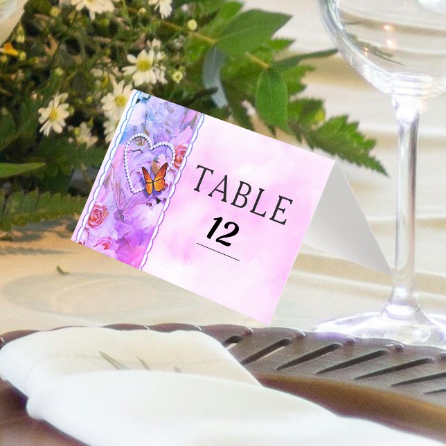 Hjärta Pärlor Rosa Blommig Fjäril Bordnummer Kort (Heart Pearls Pink Floral Butterfly Table Numbers)