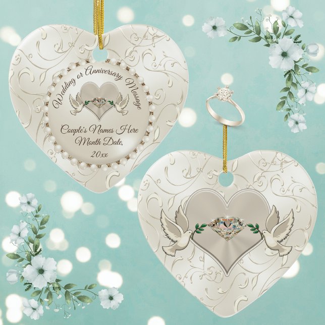 Hjärta, Personligen för julprydnader i Bröllop Julgransprydnad Keramik (Personalized Wedding Gifts for Friends. Heart Shaped, Wedding Ornaments, Wedding Anniversary Present)