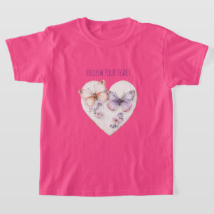 Hjärta Rosa Lila Fjärilar & Blommor T Shirt