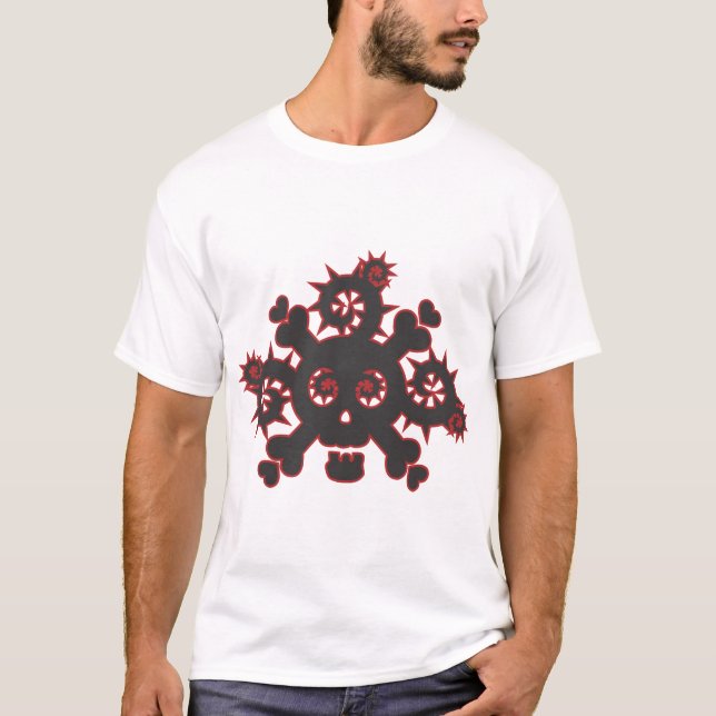 Hjärta, skalle, vinrankor och horn, svart och röd t shirt (Framsida)