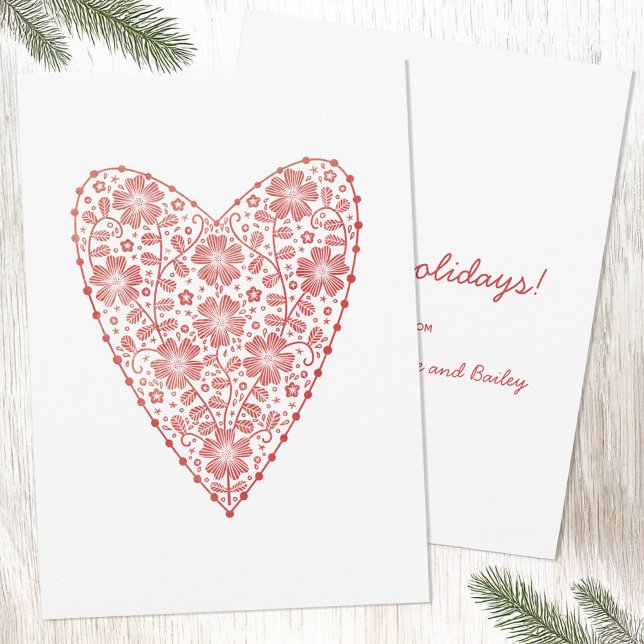 Hjärta Skandinavisk Röd Vit Vinterhelg Julkort (Scandinavian folk art heart red and white holiday card)