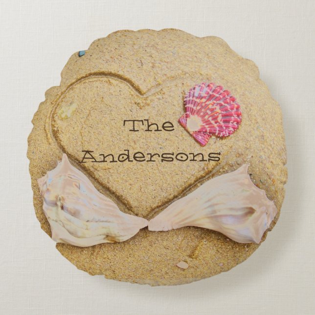 hjärta, snäckor, + Kärlek på strandkuddar vid anpa Rund Kudde (Framsidan)