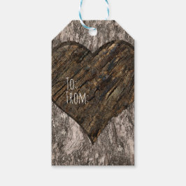 Hjärta Snidad Trädstam Bark Rustik Bröllop Presentetikett