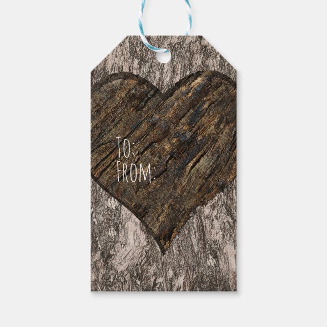 Hjärta Snidad Trädstam Bark Rustik Bröllop Presentetikett (Framsidan)