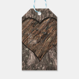 Hjärta Snidad Trädstam Bark Rustik Bröllop Presentetikett