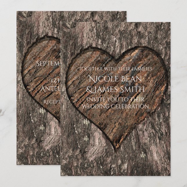 Hjärta Snidad Trädstam Rustika Bröllopsinbjudninga Inbjudningar (Fram/baksida)