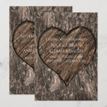 Hjärta Snidad Trädstam Rustika Bröllopsinbjudninga