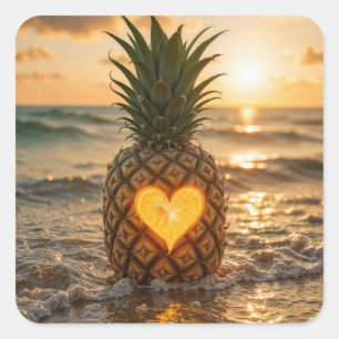 Hjärta Snidat I En Pineapple På En Strand Fyrkantigt Klistermärke