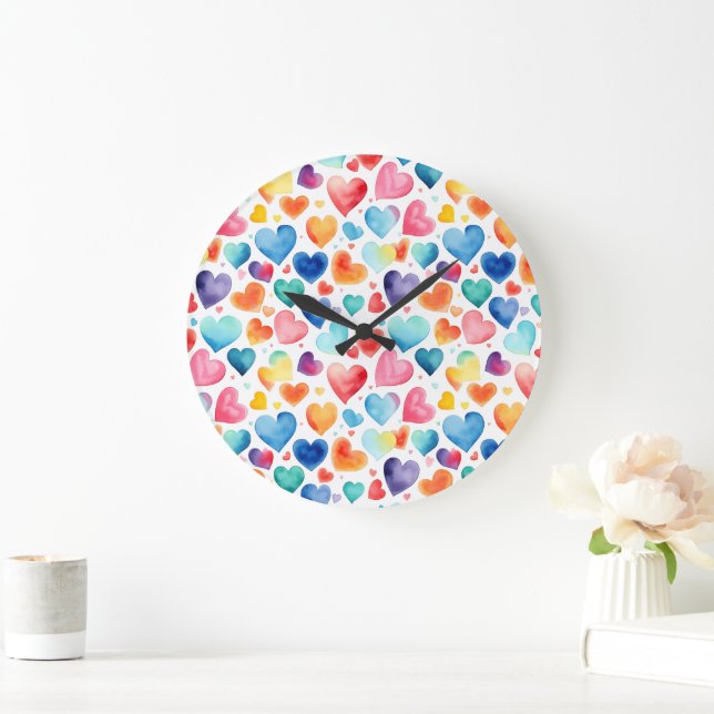 Hjärta Vattenfärg Färgrik Söt Kärlek Romantisk Stor Klocka (Hem)
