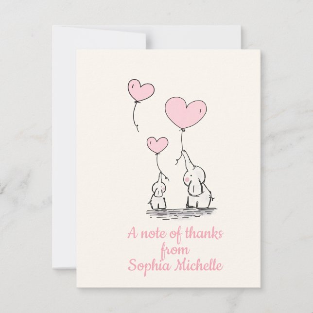 Hjärtaballonger & elefanter för elegant flicka tack kort (Framsida)