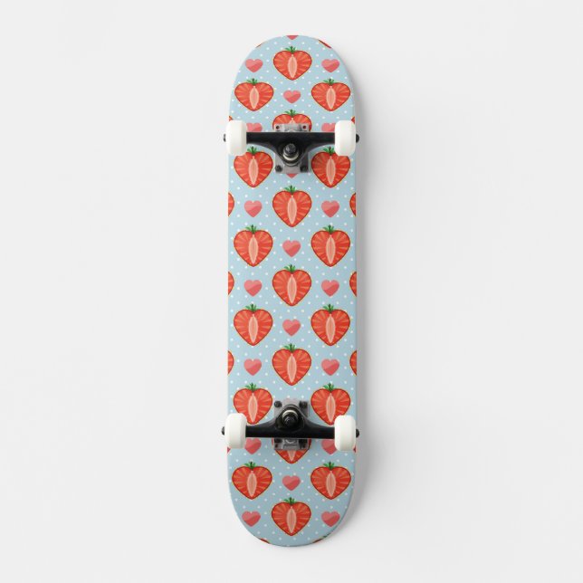 Hjärtajordgubbar med polka dots och hjärtor skateboard bräda 21,5 cm (Framsida)
