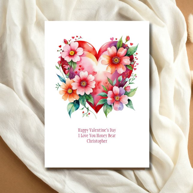 Hjärtan Blommor Rosa Röd Alla hjärtans dag Galenti Julkort (Hearts and Flowers Valentine's Day Galentine's day Card. Printed or Digital)