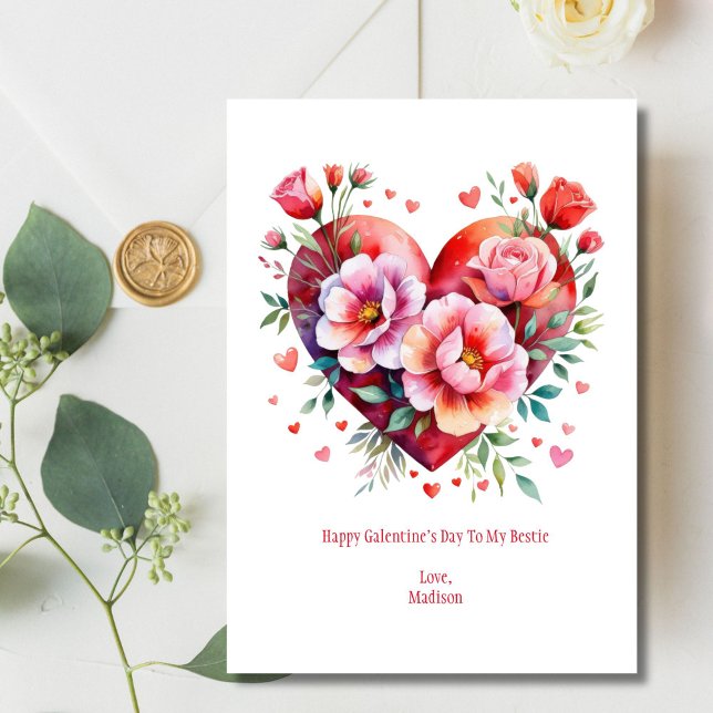 Hjärtan Blommor Rosa Röd Galentine Alla hjärtans d Julkort (Heart and Flowers watercolor Pink Red Galentine's Day Valentine's Day Card. Printed or Digital)