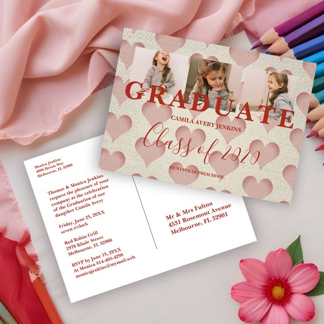 Hjärtan Förskola Examen 3 Bilder Textil Struktur Vykort (Hearts Pre-K Graduate Three Photos Textile Texture Invitation Post Card.)