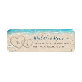 Hjärtan i sanden akvarell strand returadress etikett
