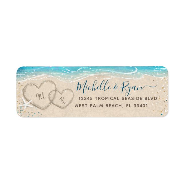 Hjärtan i sanden akvarell strand returadress etikett (Framsidan)