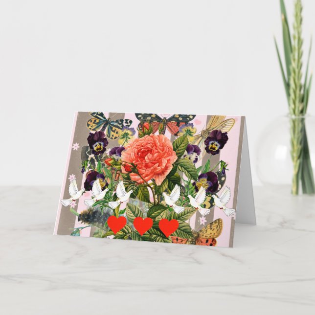 Hjärtan och blommor gratulationskort kort (Framsida)