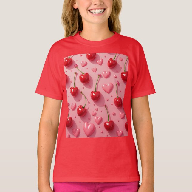 Hjärtan och körsbär valentiner t shirt (Framsida)
