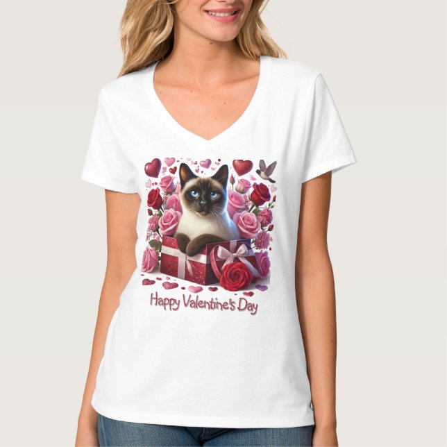 Hjärtan och Rosor Alla Hjärtans Dag Siamkatten  T Shirt (Framsida)