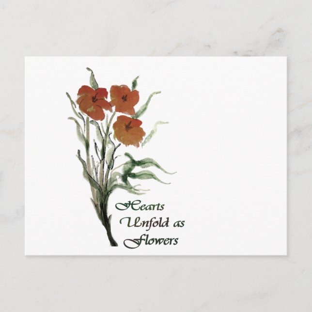 Hjärtan vecklar ut sig som blommor vykort (Framsida)
