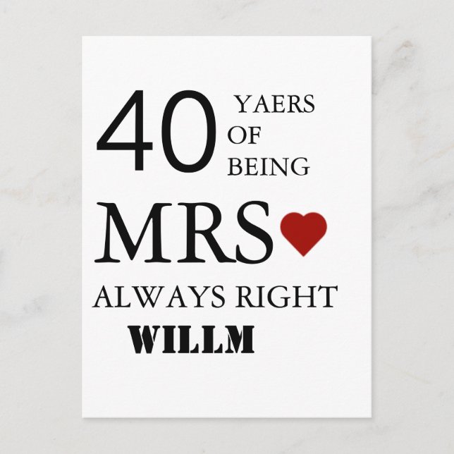 Hjärtans bröllop 40-årsjubileum Mr Mrs Right Vykort (Framsida)