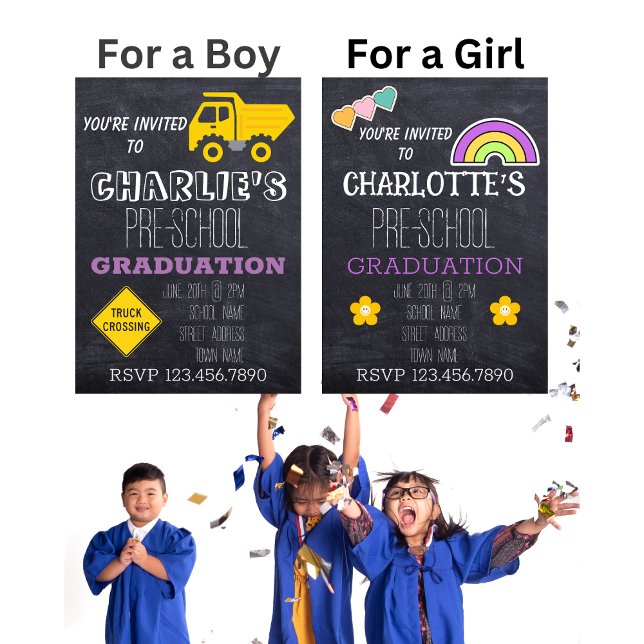 Hjärtans regnbåge-krita förskoleexamen  inbjudningar (Children's Graduation Invitations (Boy and Girl Versions))