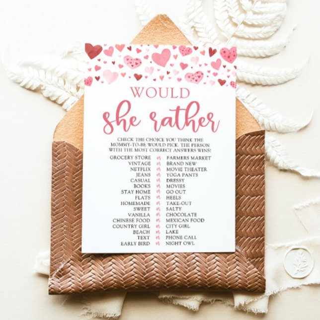 Hjärtar Valentine skulle hon hellre visa babykläde Inbjudningar (Watercolor Cute Pink Red Hearts Valentine A Little Sweetheart Girl Would She Rather Baby Shower Game)