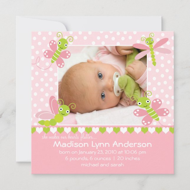 Hjärtat Fladdrar Babyflicka Foto Annonsering Meddelande (Framsida)