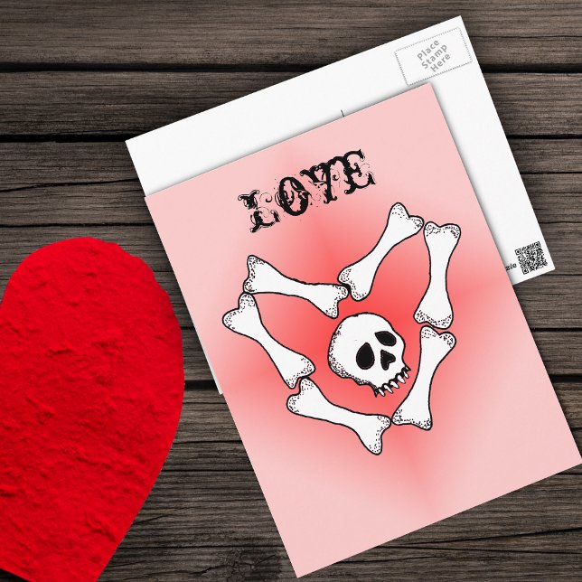 Hjärtat i Bones Kärlek Skull PostCard Vykort (White skull in white bones in heart shape on red fading to pink Love Valentine postcard.)