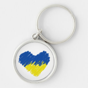 Hjärtat i flagga färg. Nyckelkedja i Ukraina Rund Silverfärgad Nyckelring