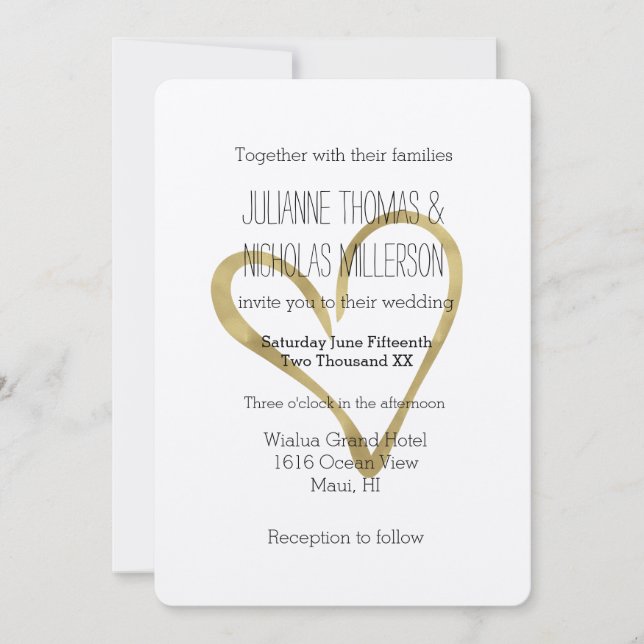 Hjärtat i Guld Bröllop Inbjudningar (Framsida)