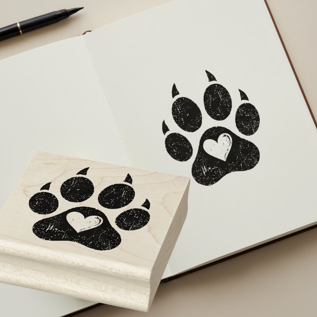 Hjärtat i hundens tassavtryck Trästämpel för konst Stämpel (🐾❤️ Rustic grunge paw print stamp – perfect for crafts & journaling!)