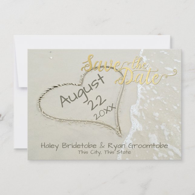 Hjärtat i Sand Beach Wedding Spara Datumet (Framsida)