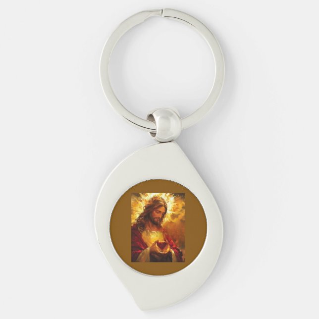 Hjärtat Jesu Swirl Silverfärgad Nyckelring (Framsidan)