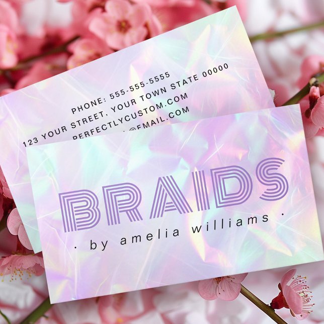 Hjärtat lila holografisk pastellform färg visitkort (Braids purple holographic pastel rainbow colors business card)